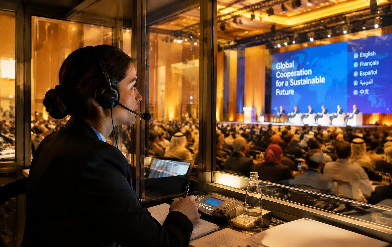 Conference interpreter in a booth